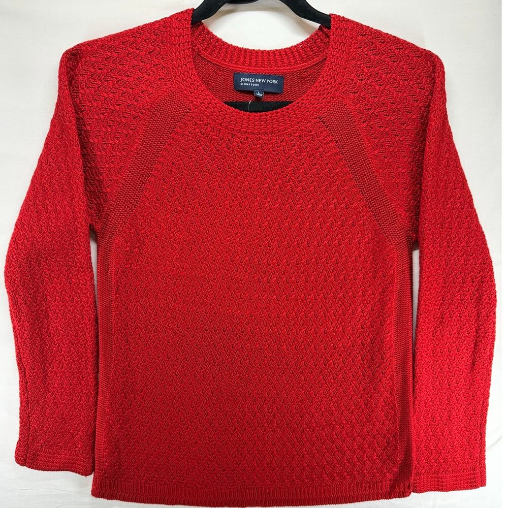 Jones New York Red Textured Open Lattice Knit Raglan Sleeve Sweater - Large